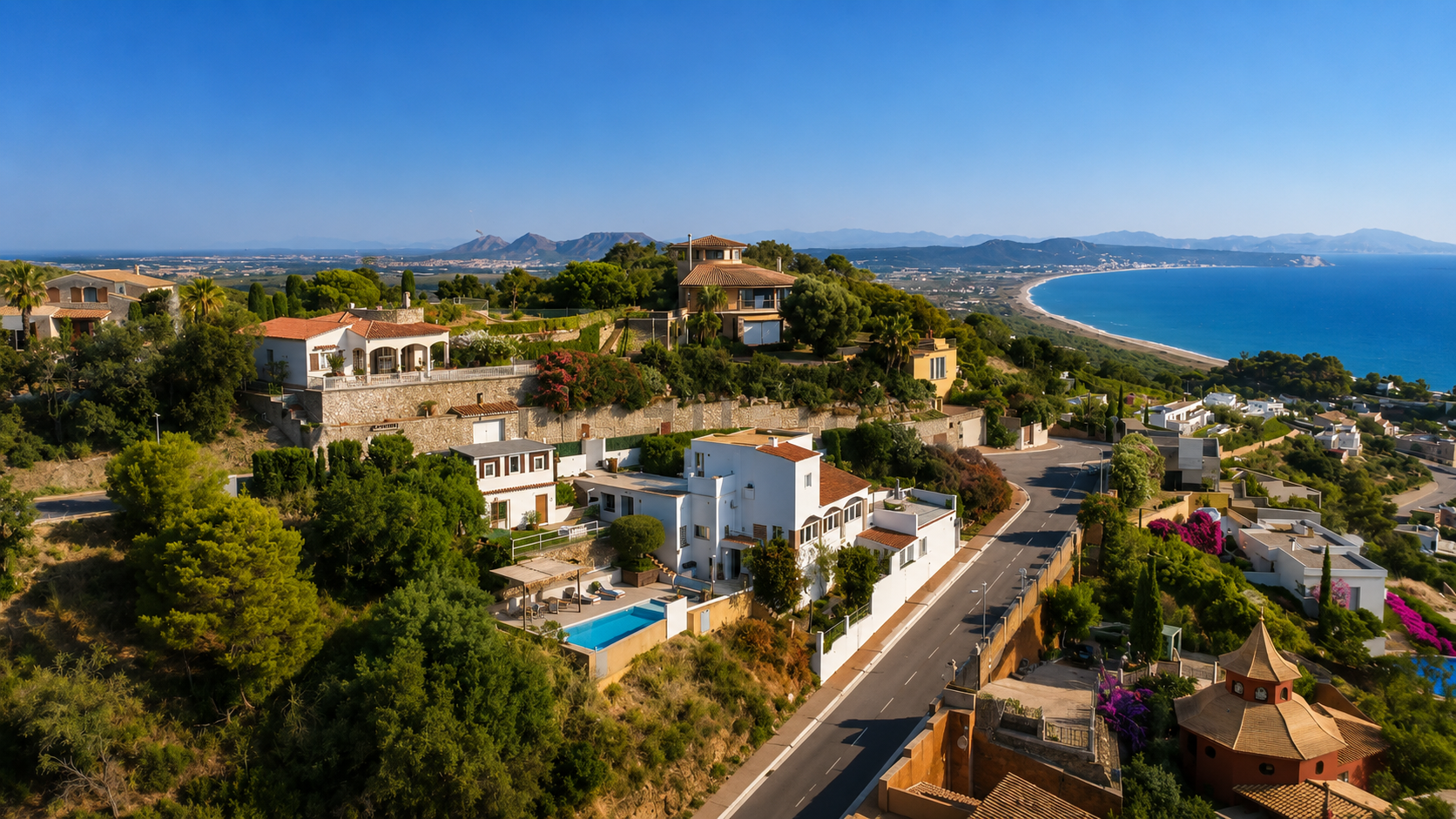 Aerial view of the hillside and bay