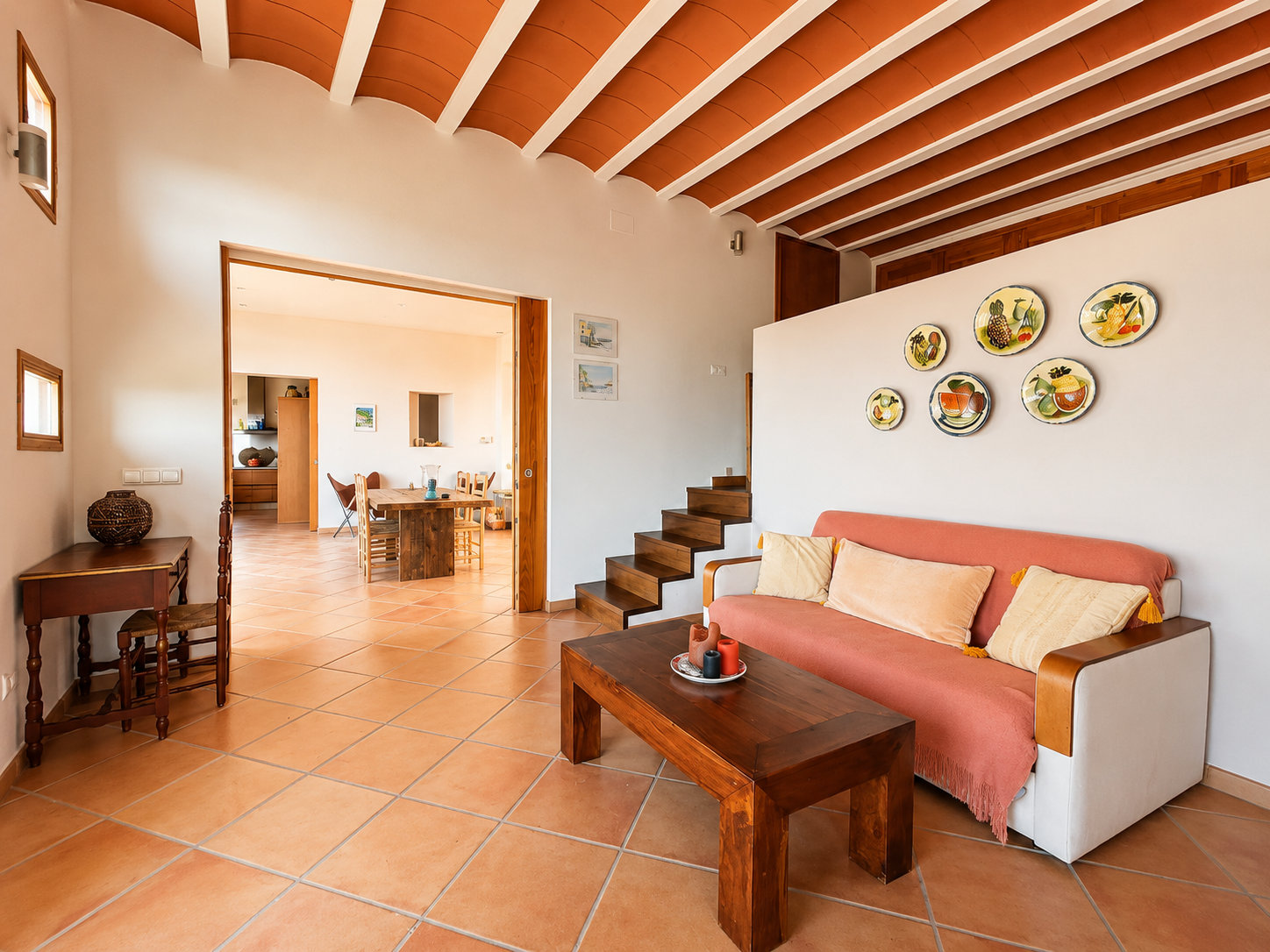 Living room with vaulted beamed ceiling